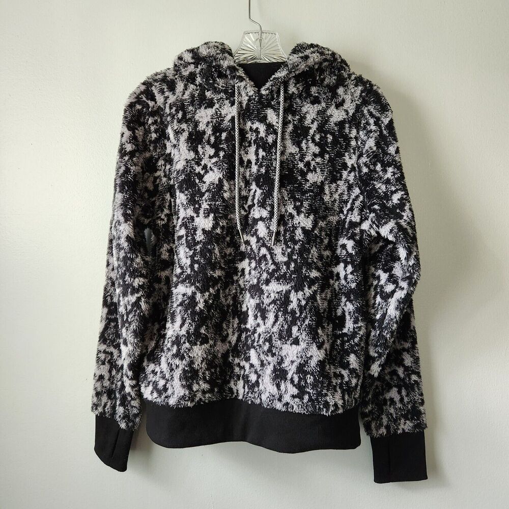 Athleta Sweater Womens Size XSmall Black White Furry Hooded Long Sleeve Pullover